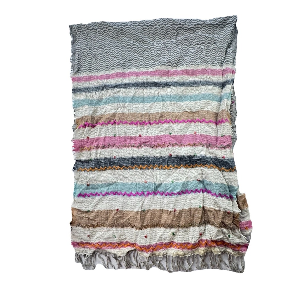 Anthropologie Ahujasons Beaded Scarf‎ 100% Wool 21" Wide X 68" Long Boho Fringe
